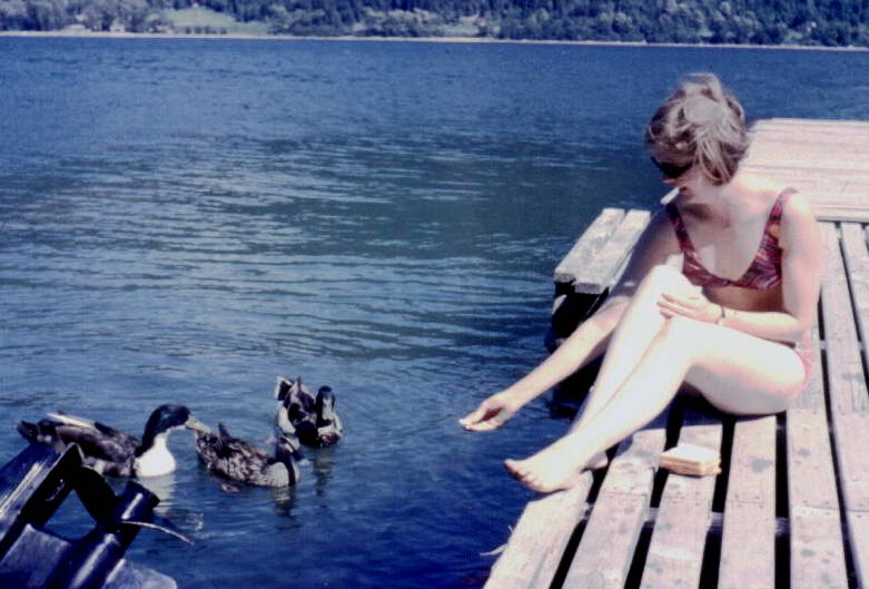 Anne feeding the ducks at lake at Gail 39s in BC July 1975 
